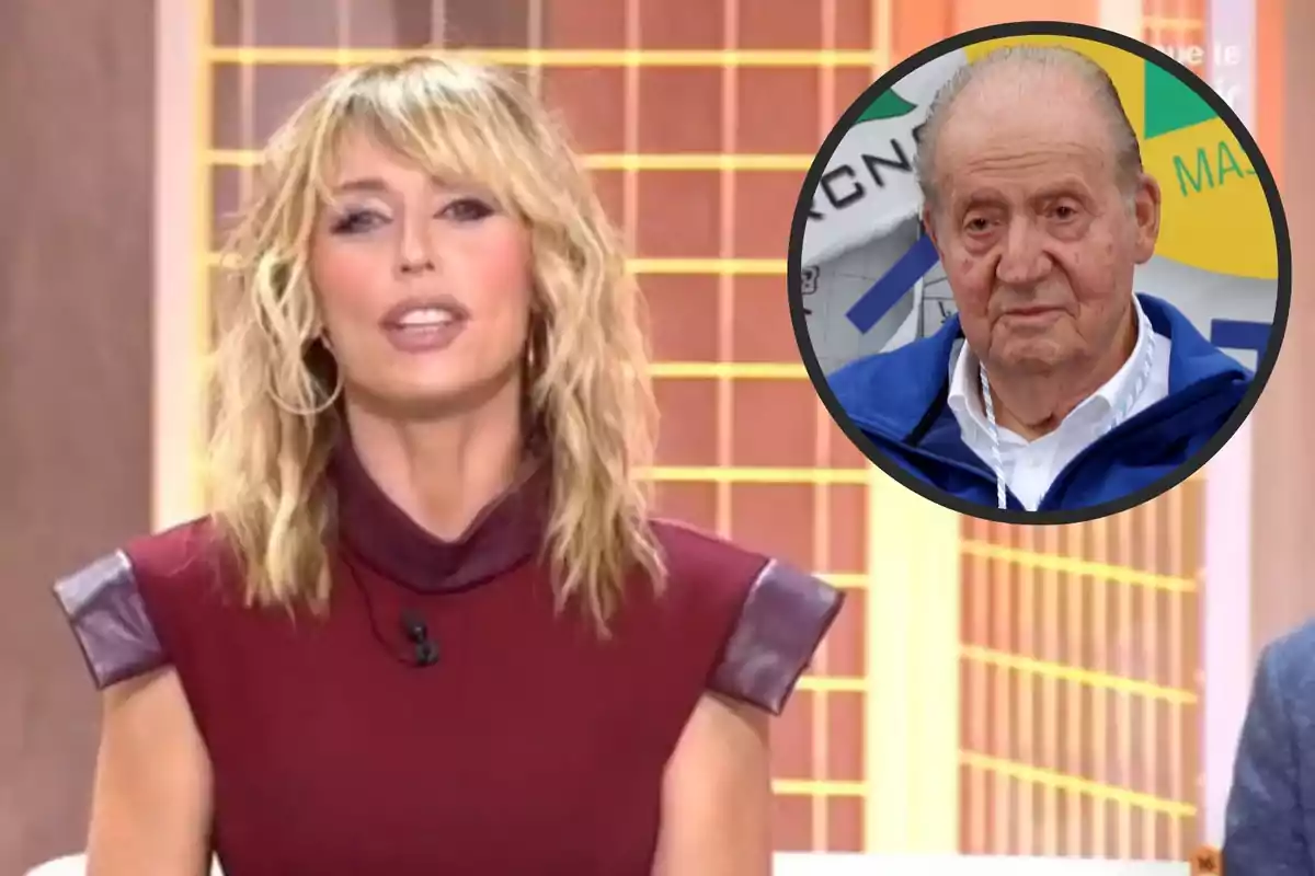 Emma García with blonde hair and a burgundy dress on 'Fiesta', while in the top right corner there's a circle with a serious image of Juan Carlos I.