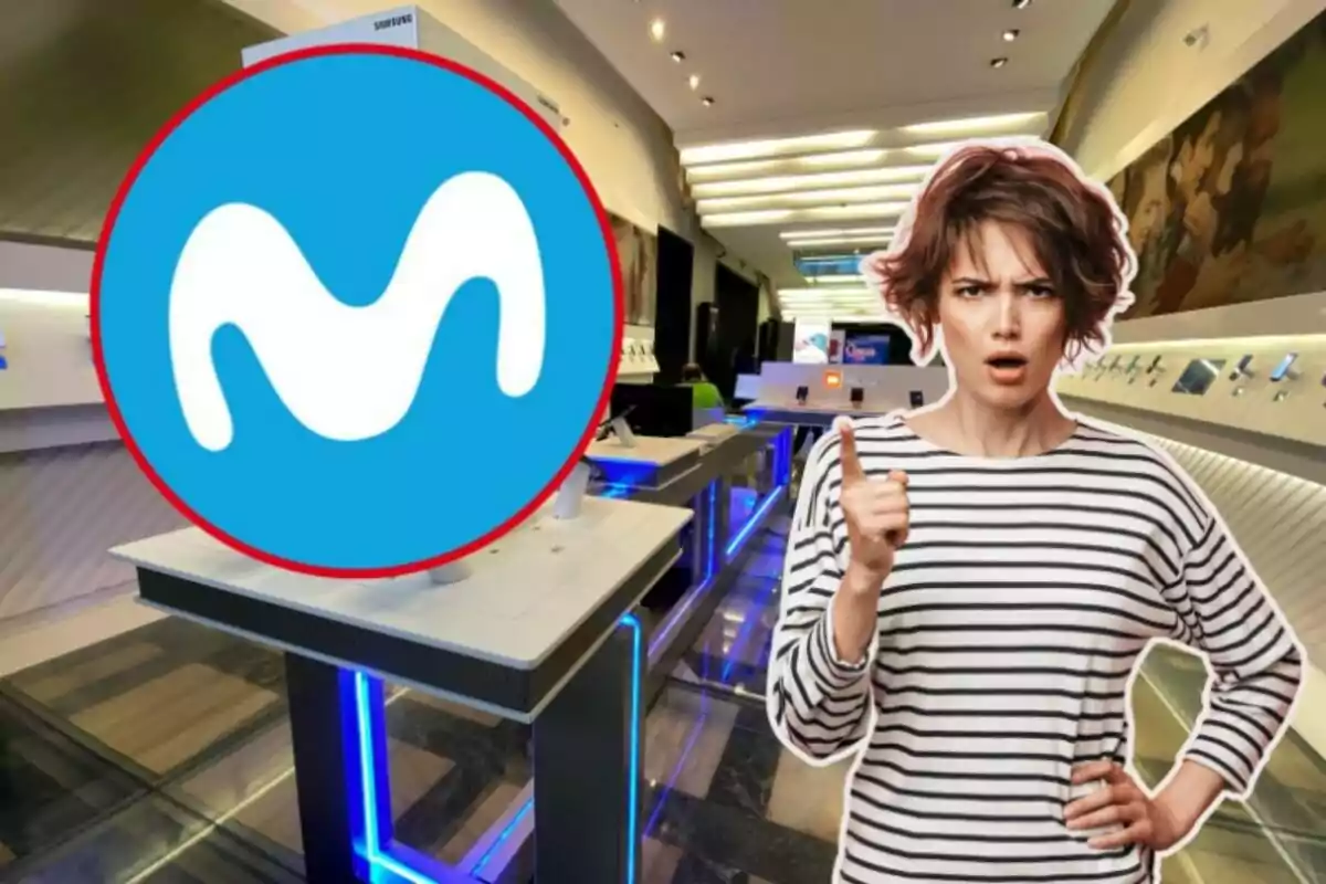 A woman with a surprised or angry expression is in a technology store next to a large blue and white logo.