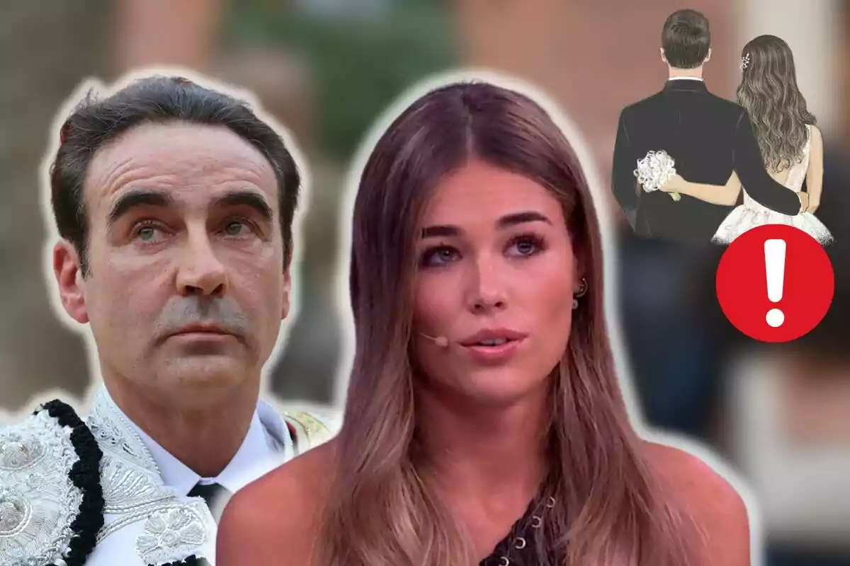 Enrique Ponce y Ana Soria en primer plano con una ilustración de una pareja de espaldas y un signo de exclamación en un círculo rojo.