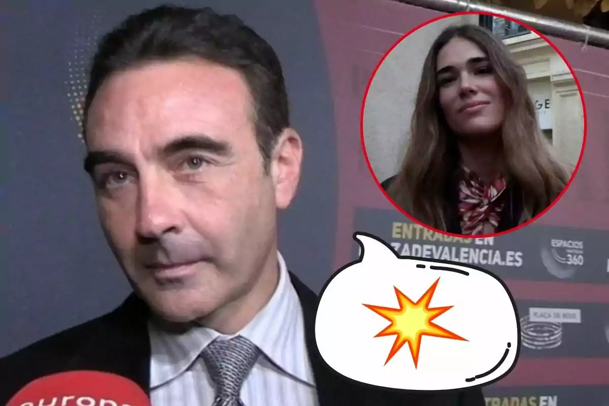 Enrique Ponce con traje y corbata es entrevistado por un micrófono rojo, mientras que en la esquina superior derecha hay un círculo rojo con la imagen de Ana Soria de cabello largo y suelto, y un globo de diálogo con un símbolo de explosión.