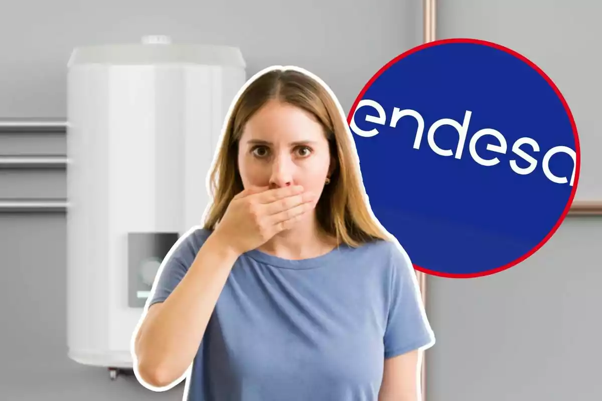 Una mujer con expresión de sorpresa se cubre la boca con la mano, al fondo se ve un calentador de agua y un logotipo circular azul con texto blanco. Una mujer con expresión de sorpresa se cubre la boca con la mano, al fondo se ve un calentador de agua y un logotipo circular azul con texto blanco.