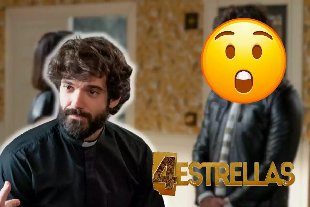 Álex vestido con una sotana negra, aparece en primer plano, mientras que en el fondo se ve a otra persona con un emoji de cara sorprendida sobre su rostro y el logo de "4 Estrellas".