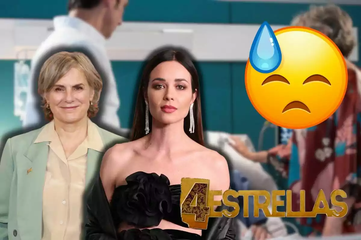 Ana Gracia y Dafne Fernández posan frente a un fondo borroso, una de ellas con un vestido negro elegante y la otra con un traje verde claro, junto a un emoji de cara preocupada y el texto "4 Estrellas".