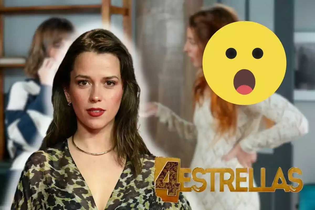 Montaje de una escena de '4 estrellas', Ana Jara sonriendo con una blusa leopardo verde, un emoji de sorpresa y el logo de la serie