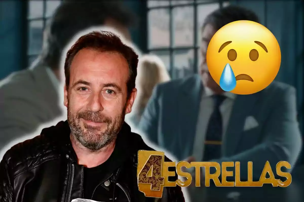 Antonio Molero con barba y chaqueta de cuero aparece frente a un fondo borroso con un emoji de cara triste y el texto "4 Estrellas".