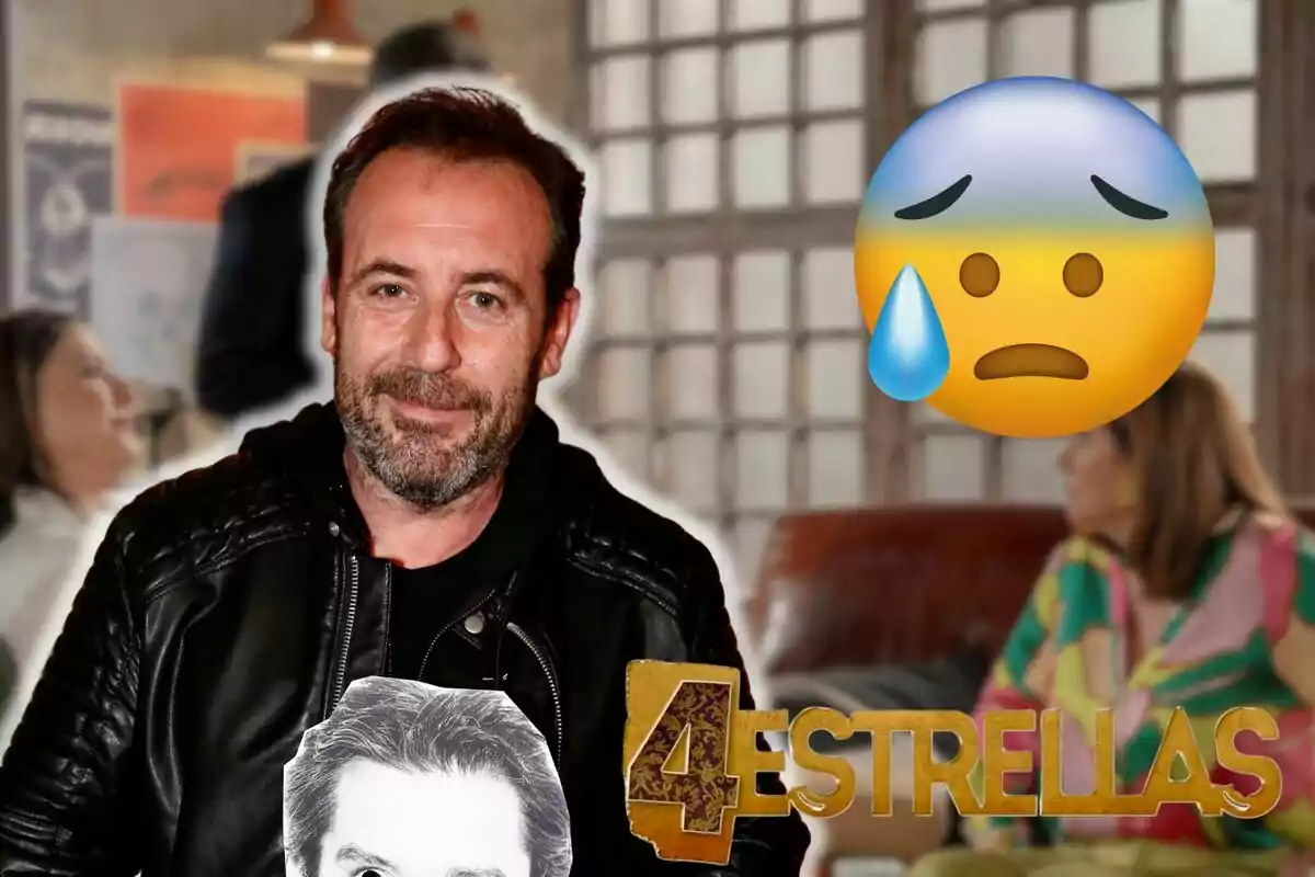 Antonio Molero con chaqueta de cuero negro y barba sonríe frente a un fondo borroso con personas y un emoji de cara triste con una lágrima, junto al texto "4 Estrellas".