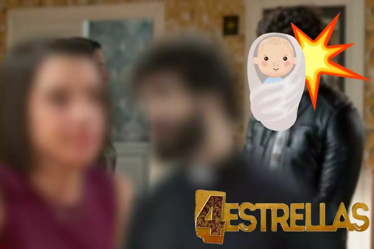 Montaje de una escena de '4 estrellas', Bea y Álex desenfocados, un bebé, una explosión y el logo de la serie