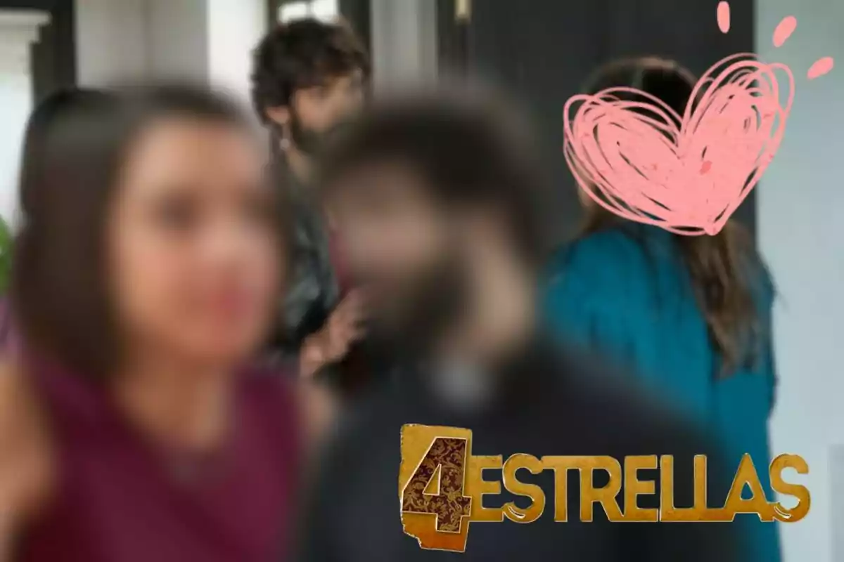 Imagen borrosa de Bea y Álex con un logotipo dorado que dice "4 Estrellas" en la parte inferior derecha y un corazón dibujado sobre una de las personas en el fondo.