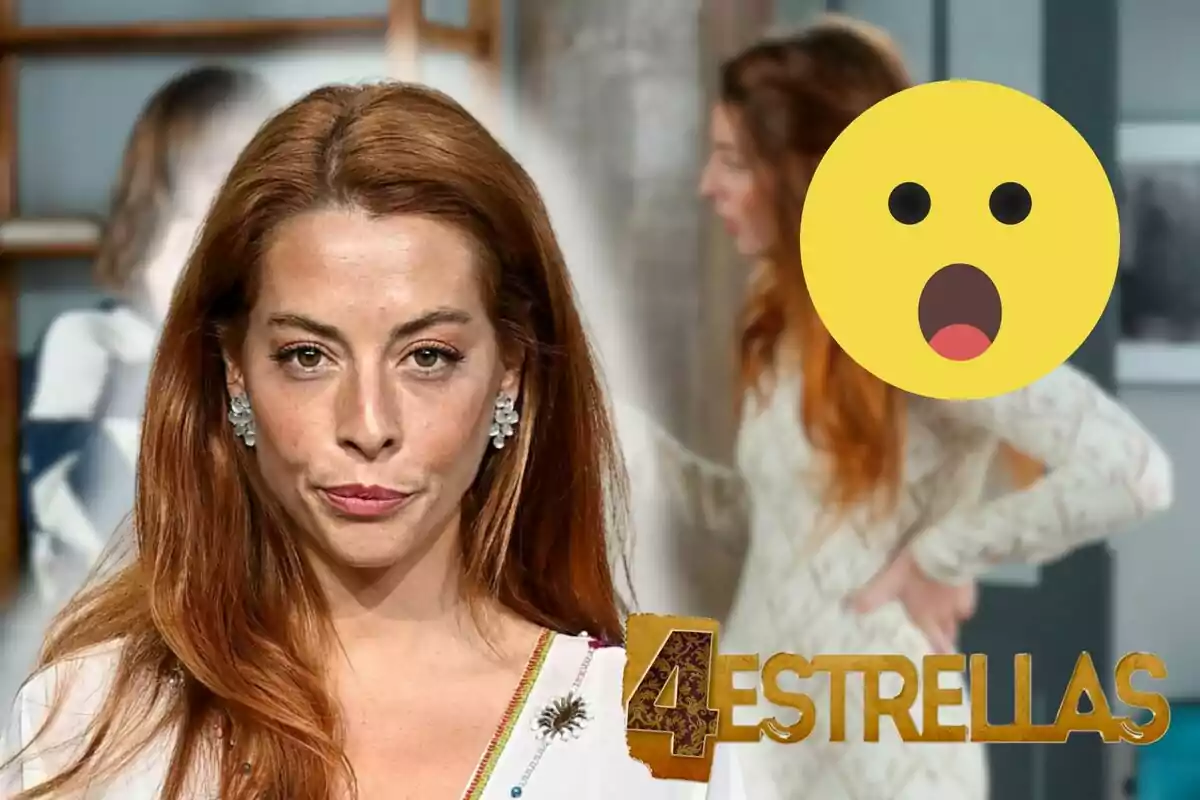 Belén Écija con cabello largo y pelirrojo, usando aretes plateados y una blusa blanca, con un emoji de cara sorprendida y el logo de "4 Estrellas" en la esquina inferior derecha.