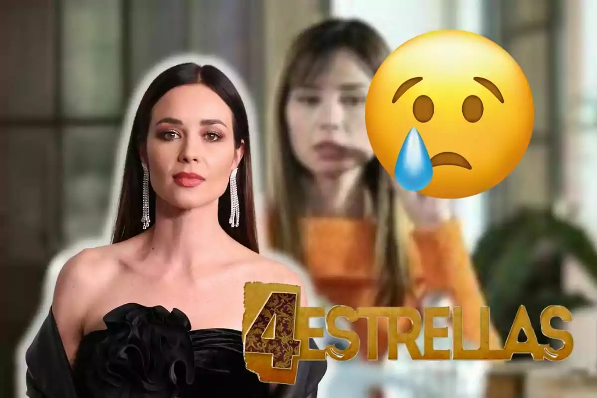 Montaje de una escena de '4 estrellas', Dafne Fernández seria con los hombros descubiertos, un emoji llorando y el logo de la serie