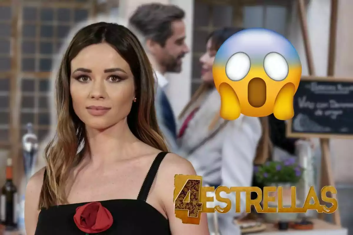 Dafne Fernández con un vestido negro y una flor roja en el pecho aparece en primer plano, mientras que en el fondo se ve a una pareja conversando y un emoji de sorpresa cubriendo parte de la imagen, con el logo de "4 Estrellas" en la esquina inferior derecha.