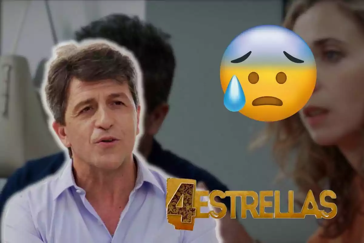 David Lorente de cabello canoso con expresión seria, acompañado de un emoji triste y el texto "4 Estrellas" en la parte inferior.