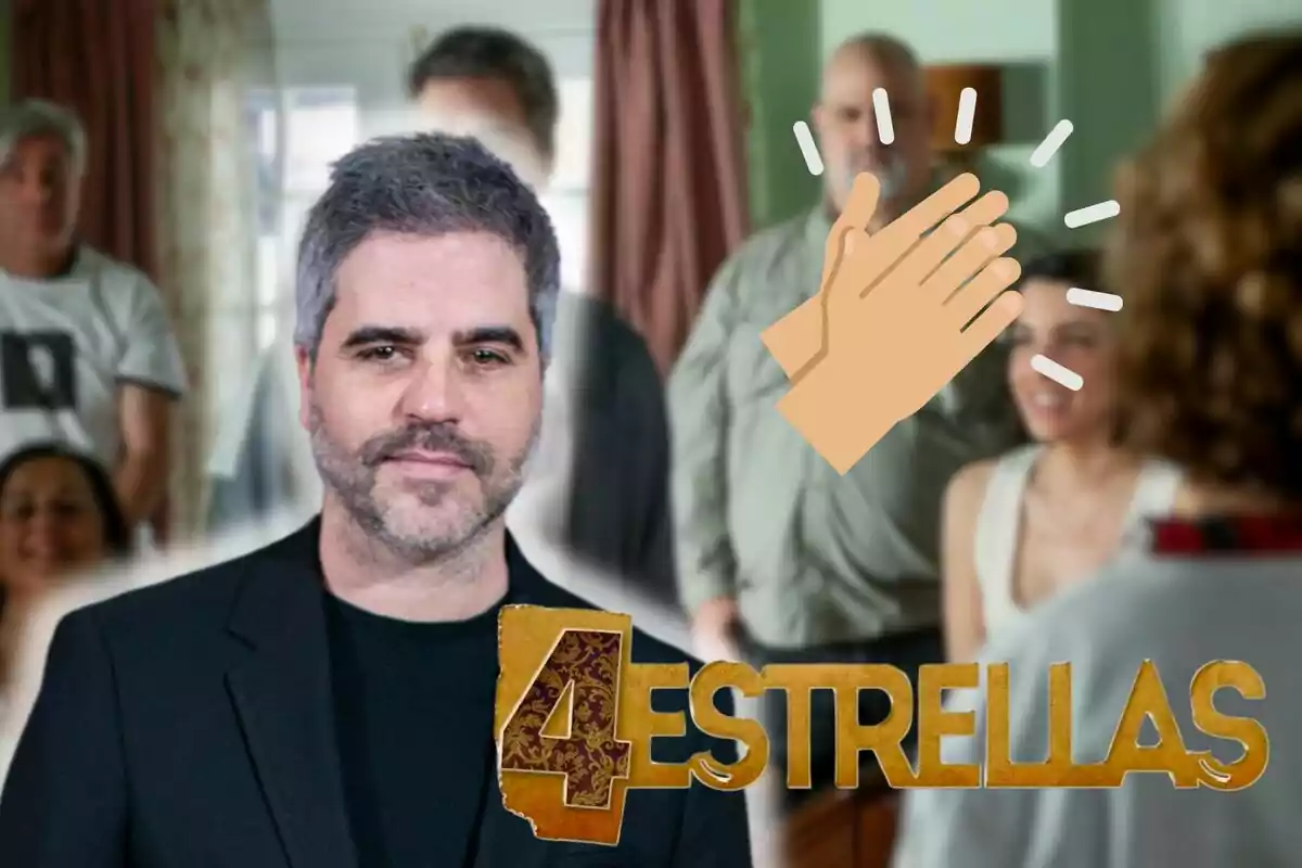 Ernesto Sevilla con barba y cabello canoso aparece en primer plano, vestido con un traje negro, mientras que en el fondo se ven varias personas desenfocadas y un emoji de aplausos; en la parte inferior de la imagen se encuentra el logo de "4 Estrellas".