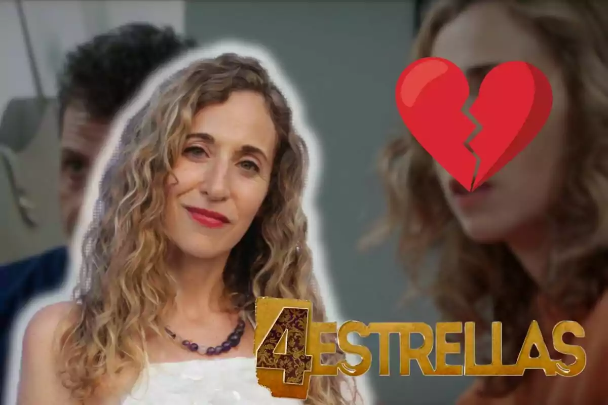 Marta Aledo con cabello rizado y rubio aparece en primer plano, con un fondo desenfocado que muestra a otras personas. En la esquina superior derecha hay un corazón roto rojo, y en la parte inferior se encuentra el texto "4 Estrellas" en letras doradas.