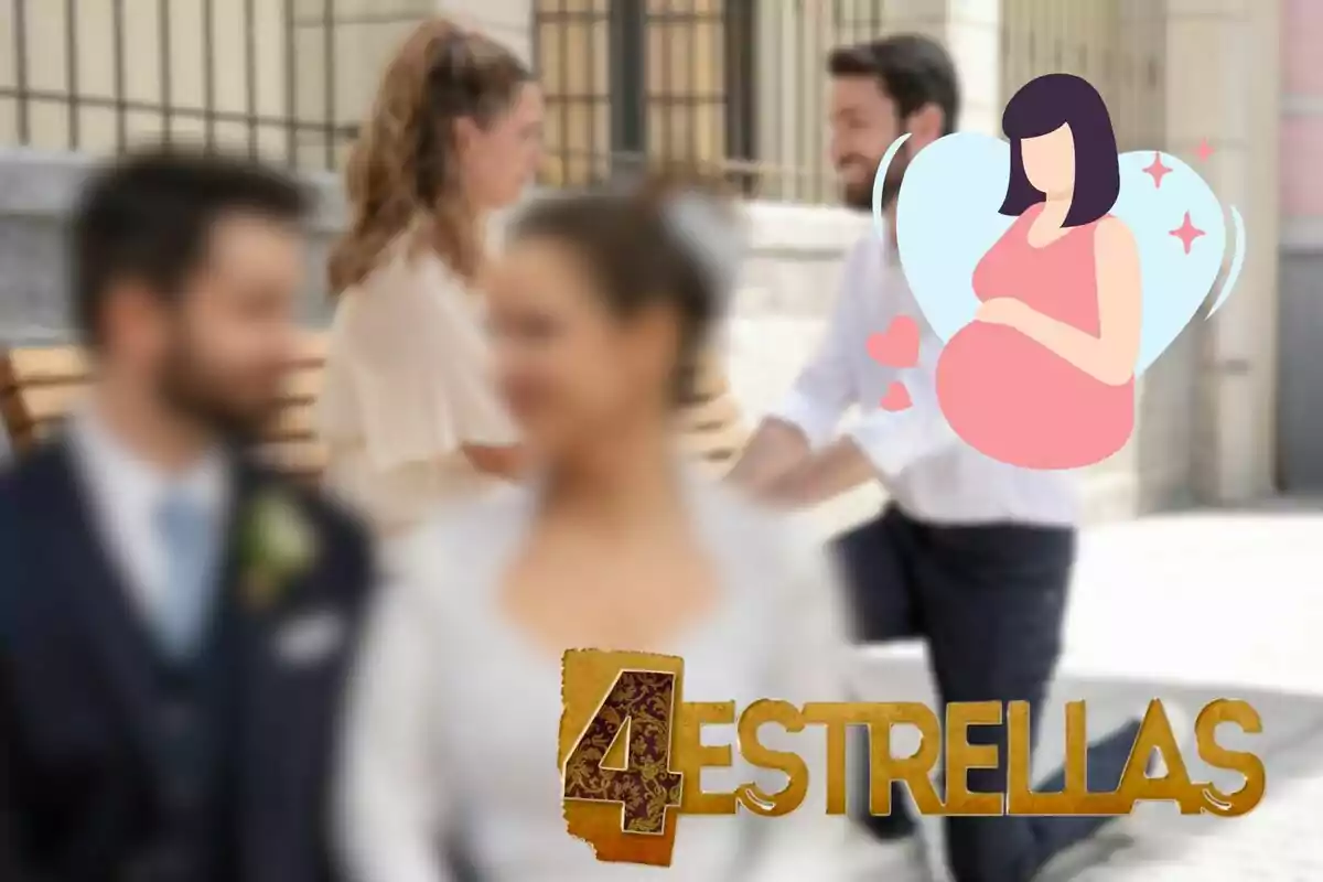 Martínez y Menchu desenfocados en primer plano con un logotipo que dice "4 Estrellas" y una ilustración de una mujer embarazada en el fondo.