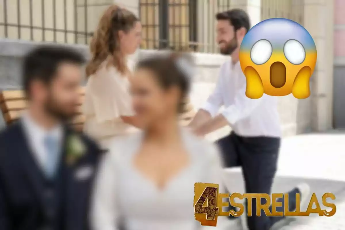 Montaje de una escena de '4 estrellas', Martínez y Menchu desenfocados, un emoji de sorpresa y el logo de la serie