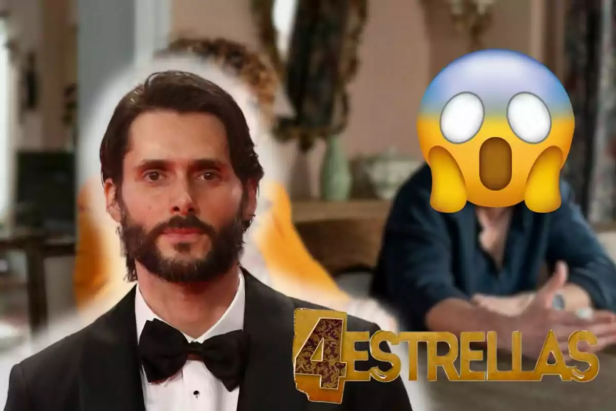 Sergio Mur con esmoquin aparece en primer plano, mientras que en el fondo se ve a otra persona con un emoji de sorpresa sobre su rostro y el logo de "4 Estrellas".