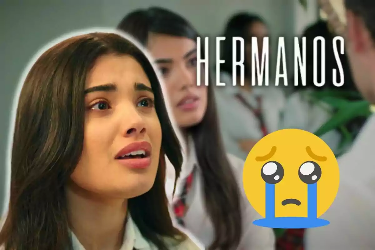 Lizge Cömert con expresión de tristeza aparece en primer plano con el texto "Hermanos" en el fondo y un emoji llorando.