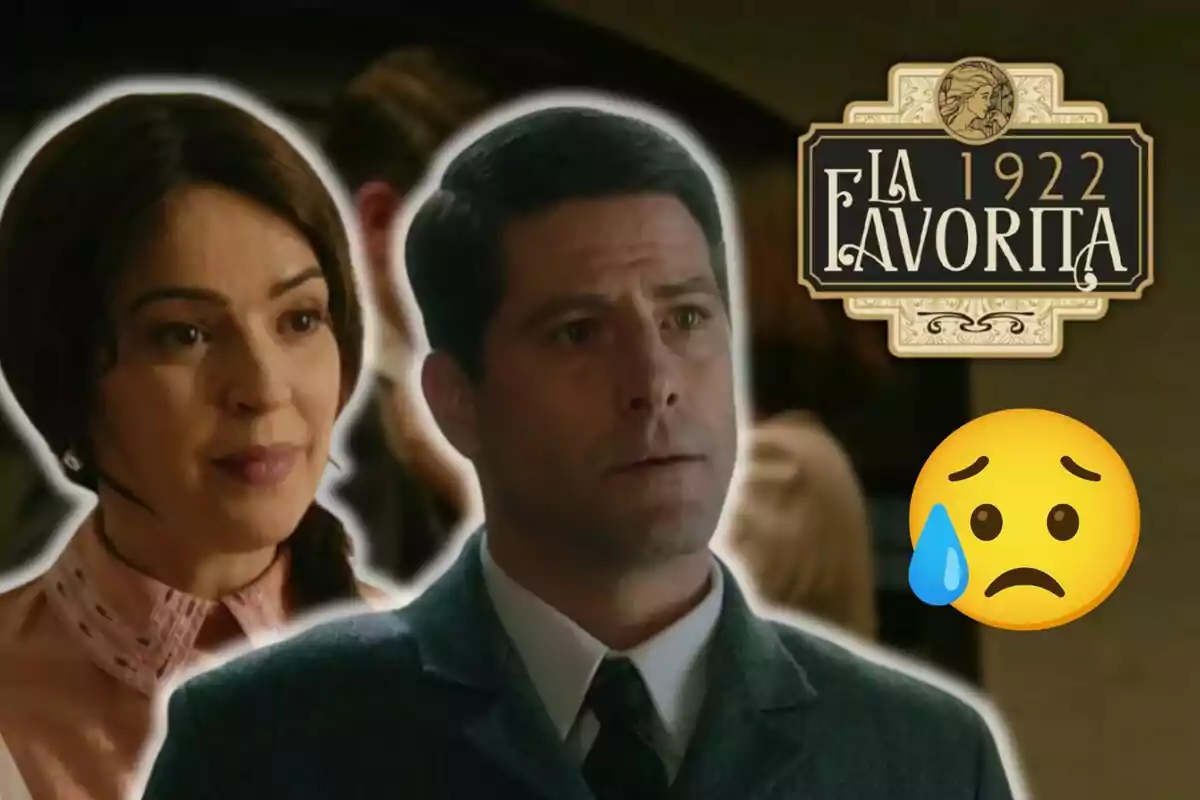 Elena y Julio mirándose con expresión seria, junto al título "La Favorita 1922" y un emoji triste.