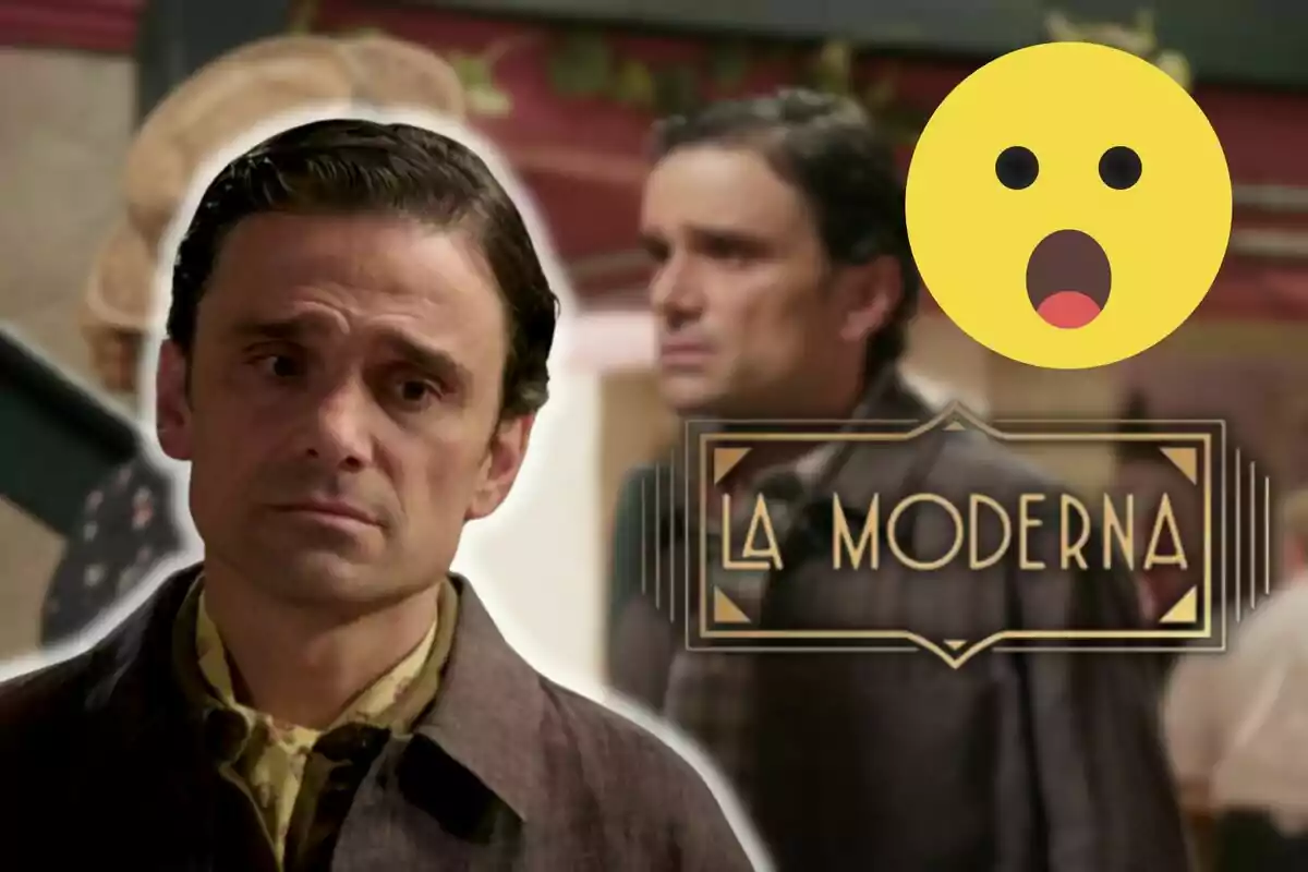 Andrea Fiorillo with a serious expression in front of a background with the text "La Moderna" and a surprised emoji.