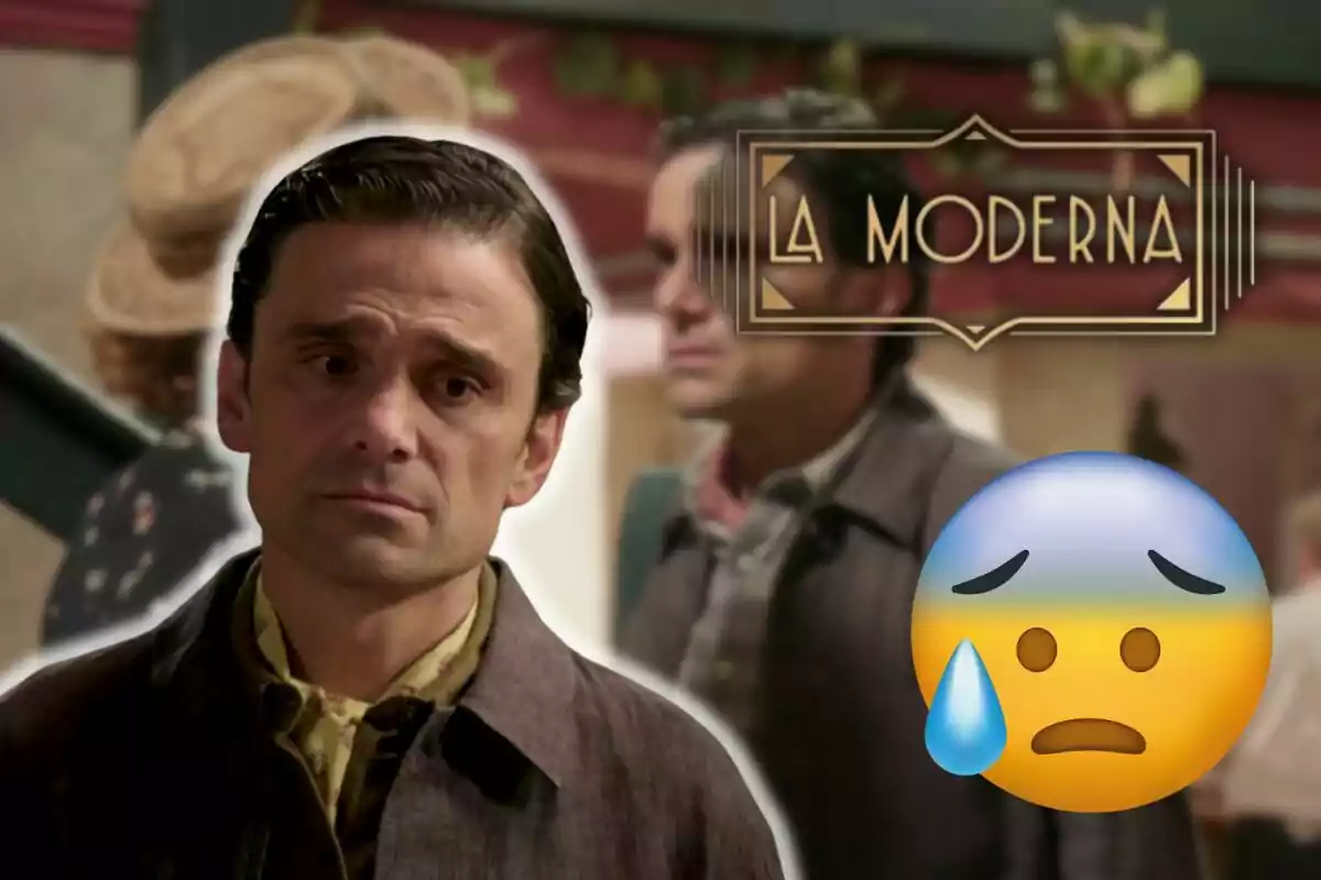 Andrea Fiorillo con expresión triste y un emoji de cara preocupada al lado, con el texto "La Moderna" en el fondo.