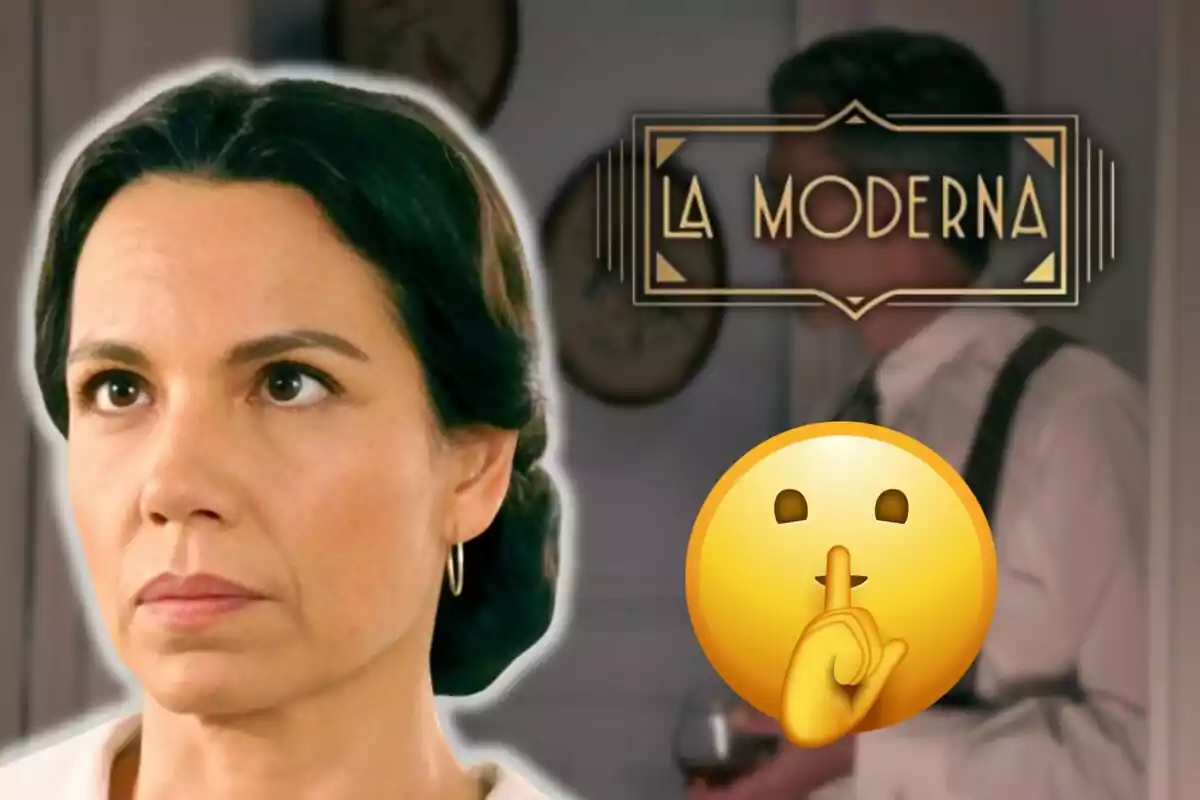 Diana Palazón con expresión seria en primer plano y un hombre desenfocado al fondo junto al logo de "La Moderna" y un emoji de silencio.