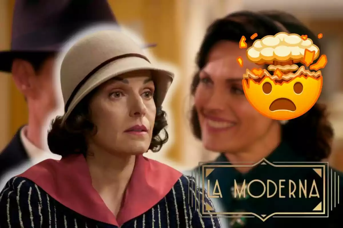 Imagen de doña Bárbara con sombrero y expresión seria en primer plano, ella sonriendo en el fondo con un emoji de cabeza explotando sobre su rostro y el texto "La Moderna" en la esquina inferior derecha.