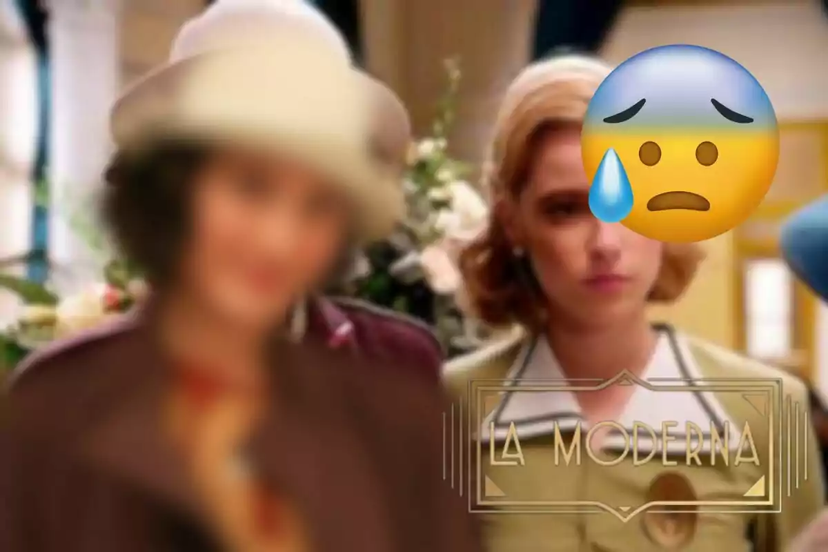 Escena de 'La Moderna' con un emoji de preocupación, Inés desenfocada y el texto "La Moderna" en la parte inferior.
