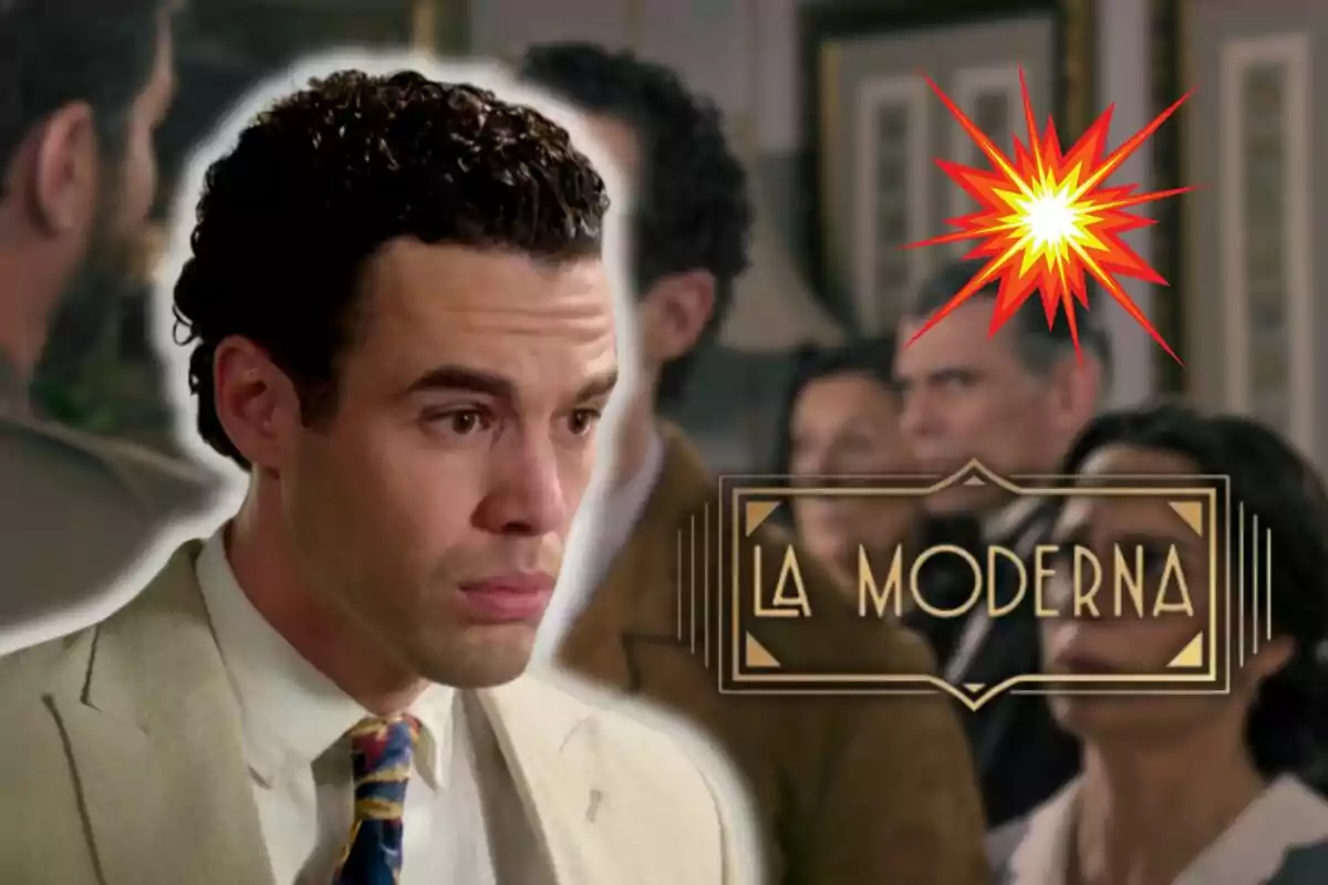 Jesús Mosquera with a serious expression in the foreground, with a group of people out of focus in the background and the text "La Moderna" in an art deco design.