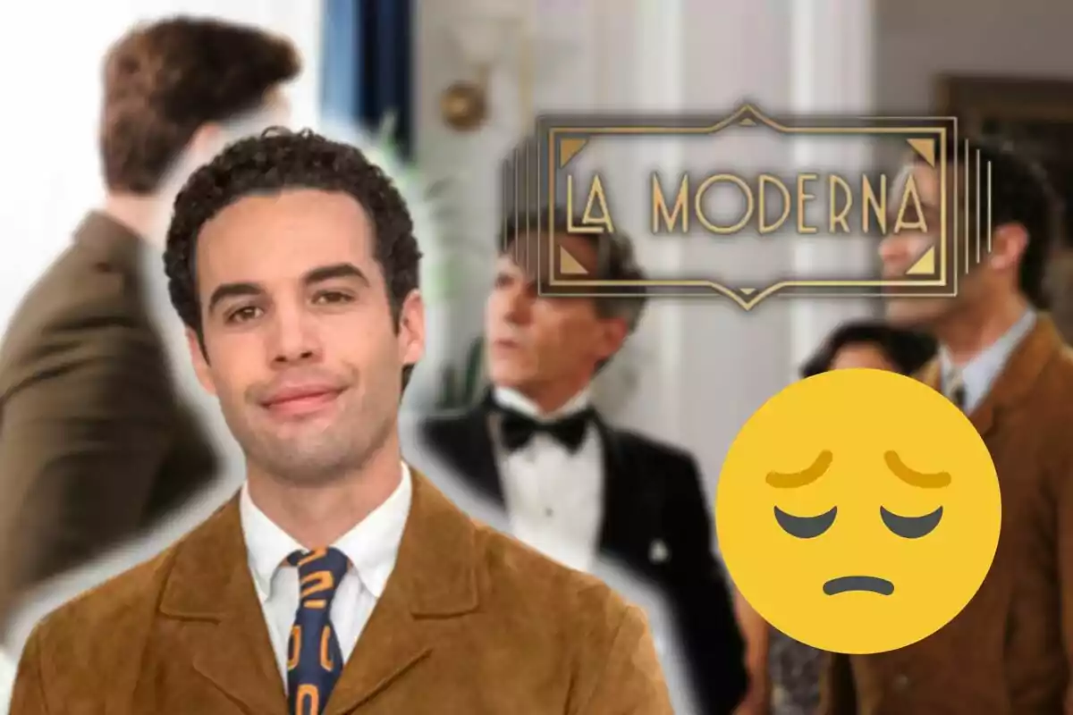 Jesús Mosquera con chaqueta marrón y corbata azul con detalles naranjas, acompañado de un emoji triste y el logo de "La Moderna" en el fondo.