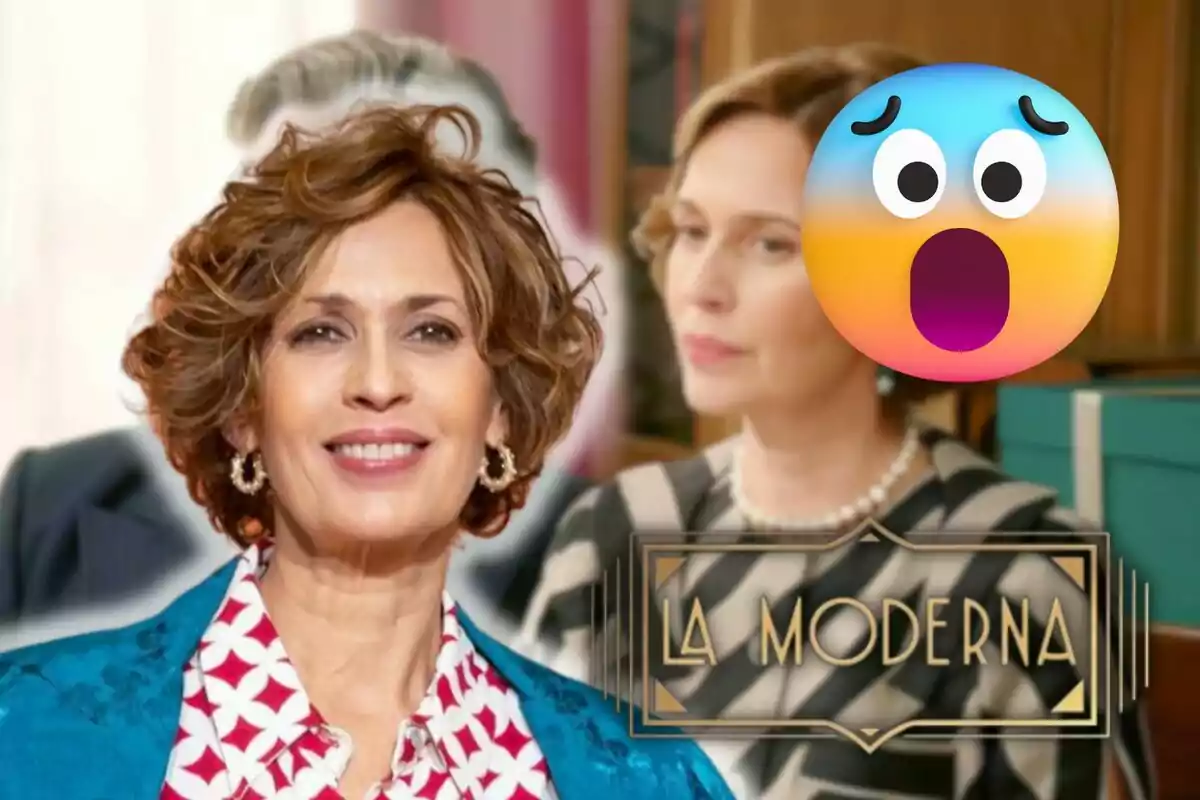 Imagen de Lola Marceli sonriente en primer plano con otra mujer desenfocada en el fondo, un emoji de sorpresa y el texto "La Moderna".