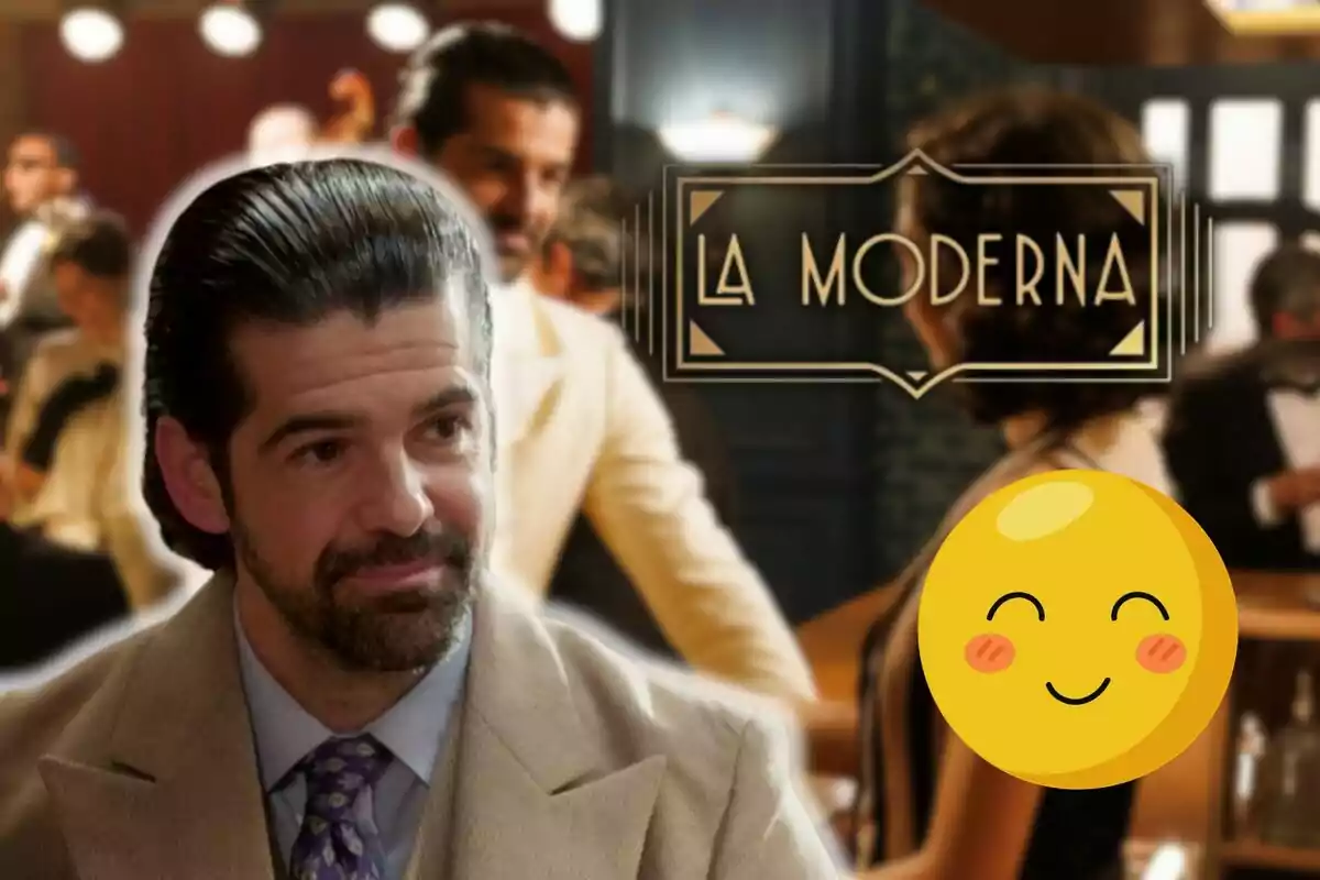 Miguel Ángel Muñoz con traje y corbata aparece en un ambiente elegante con personas al fondo y un letrero que dice "La Moderna" junto a un emoji sonriente.