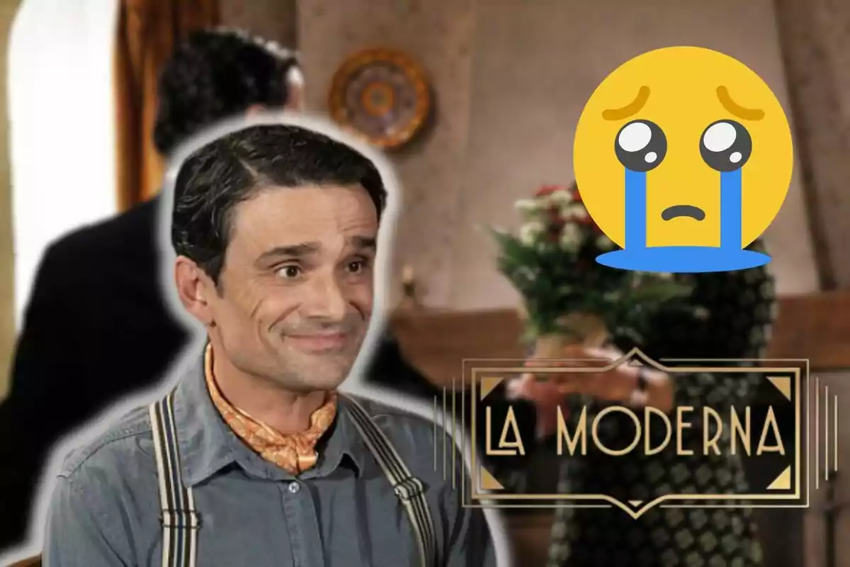 Pietro sonriente con una camisa azul y tirantes, acompañado de un emoji llorando y el texto "La Moderna" en la esquina inferior derecha.