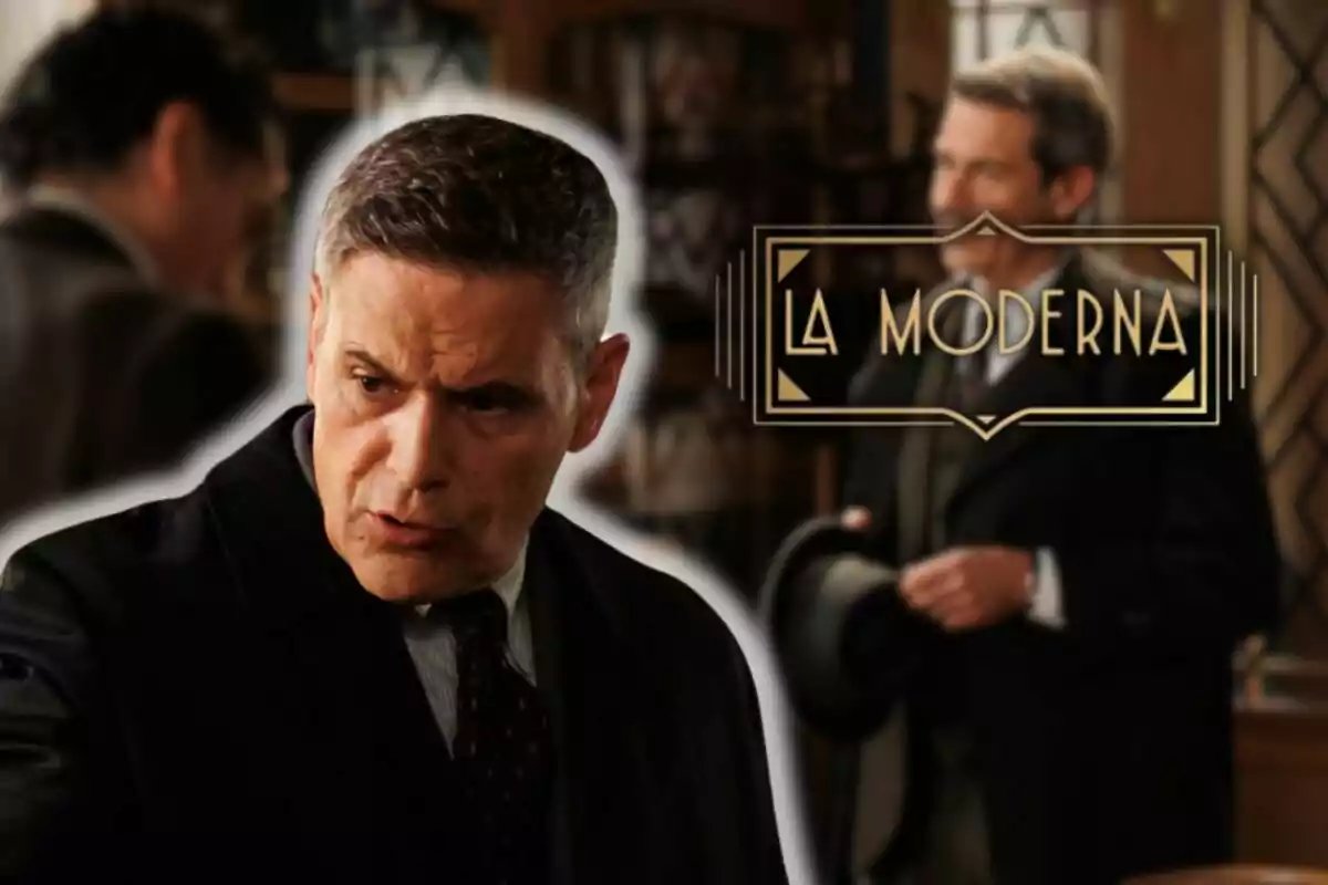 Roberto Enríquez with gray hair and a serious expression in the foreground, with the "La Moderna" logo in the background and another person out of focus.