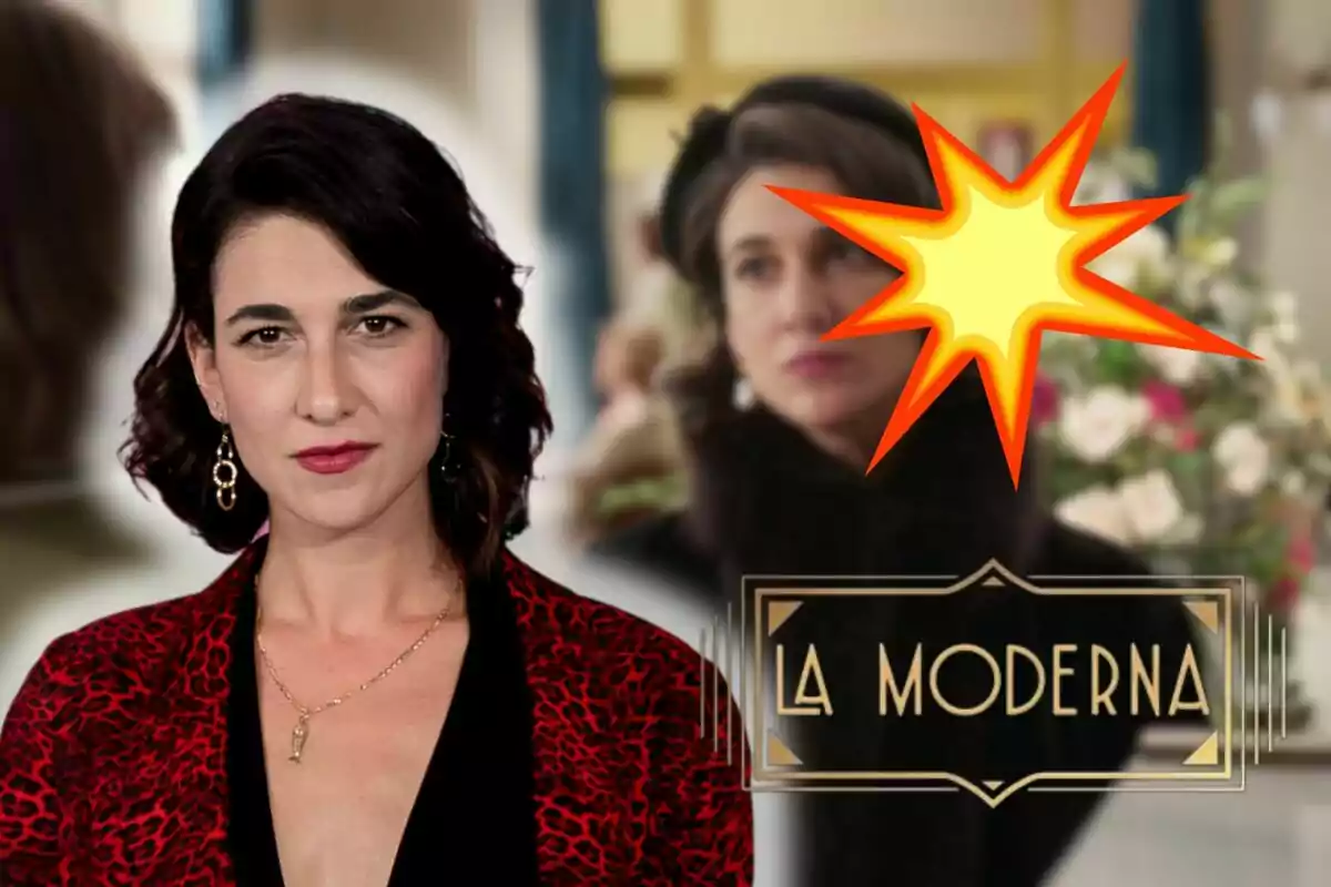 Stephanie Magnin usando un collar y aretes dorados, vestida con una chaqueta roja con estampado de leopardo, frente a un fondo borroso que muestra una escena de la serie "La Moderna" con un logotipo y una explosión amarilla.