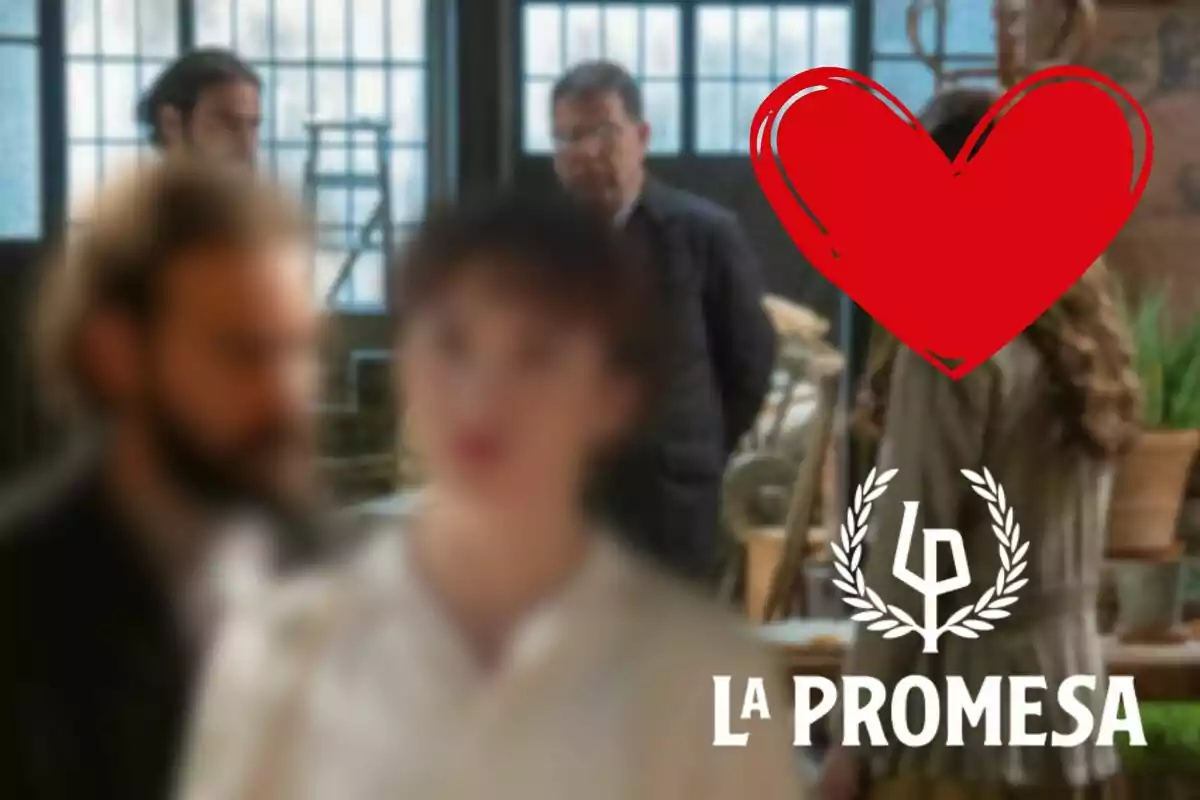 Montaje de una escena de 'La Promesa', Adriano y Catalina desenfocados, un corazón rojo y el logo de la serie