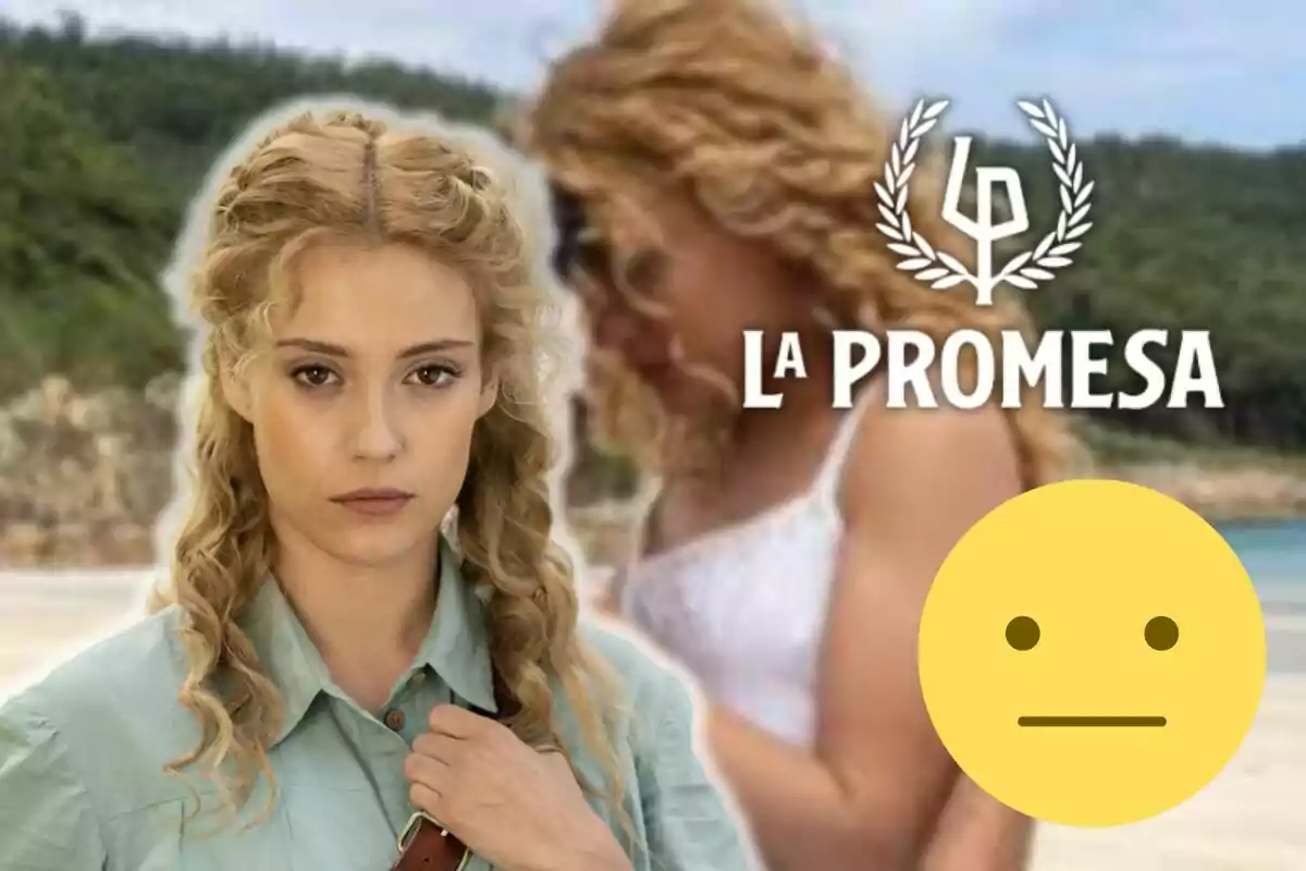 Ana Garcés with curly hair and a serious expression in the foreground, with a blurred background of a beach and the text "La Promesa" next to a laurel symbol.