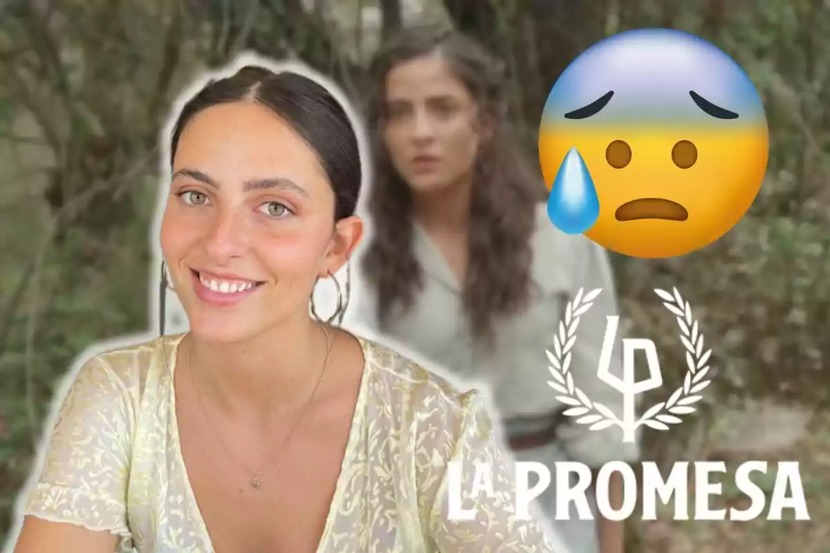 Angela Echaniz sonriente en primer plano con una mujer desenfocada al fondo, un emoji triste y el texto "La Promesa".