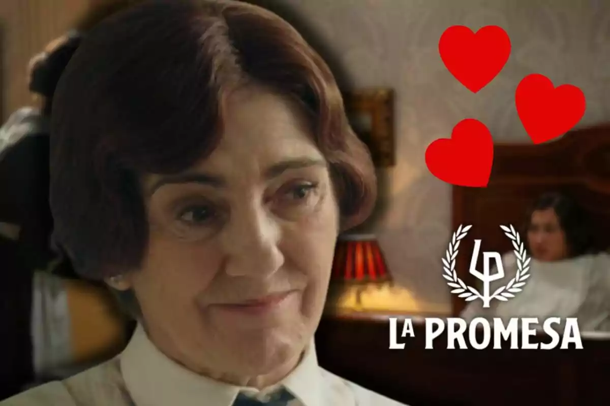 Arantxa Aranguren sonriente en primer plano con tres corazones rojos y el logo de La Promesa al fondo