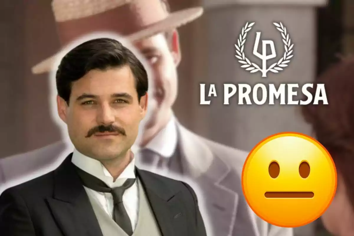 Arturo García Sancho con bigote y traje aparece en primer plano, con un fondo desenfocado que muestra a otra persona y el texto "La Promesa" junto a un emoji de cara neutral.