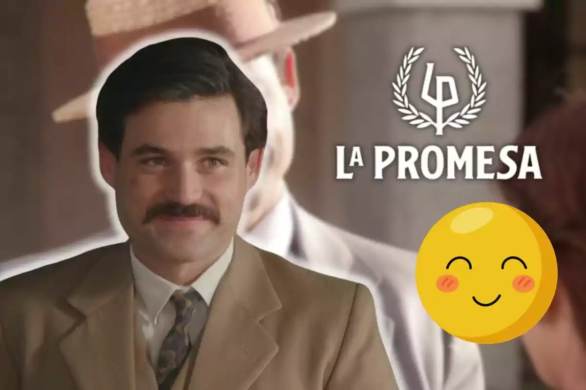 Arturo Sancho con bigote sonríe, vestido con traje y corbata, junto al texto "La Promesa" y un emoji sonriente.