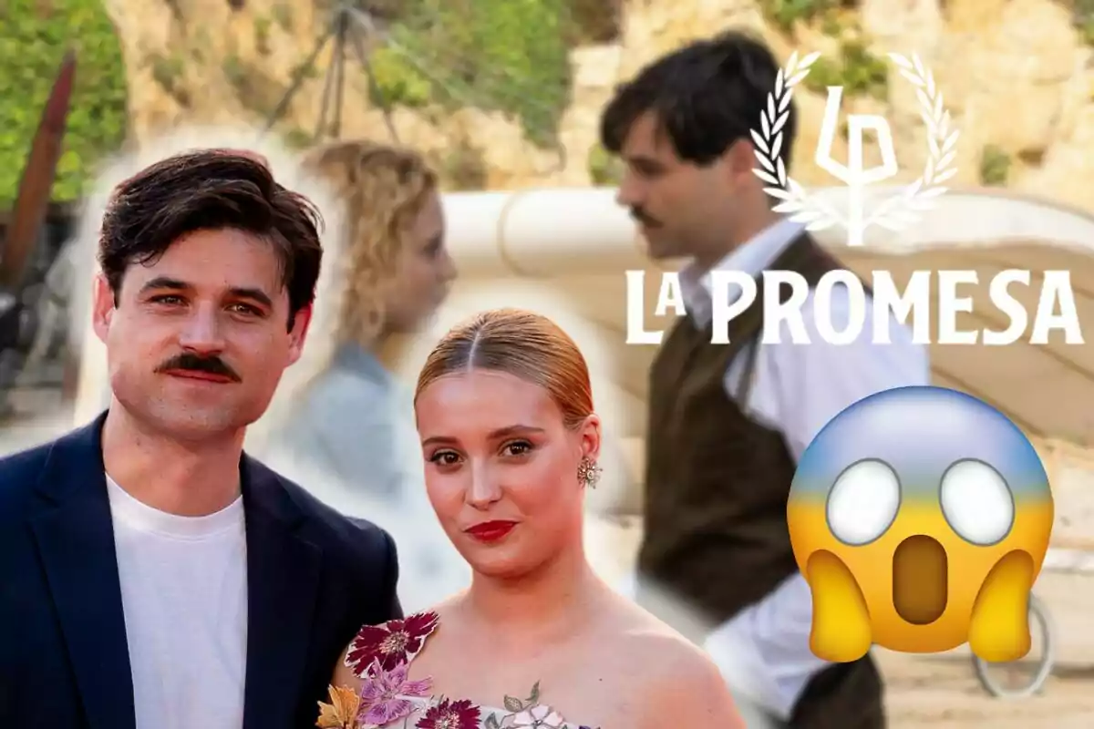 Arturo Sancho y Ana Garcés posando frente a un fondo que muestra una escena de la serie "La Promesa" con un emoji de sorpresa.