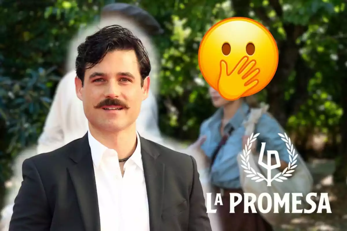 Arturo Sancho con bigote y traje oscuro aparece en primer plano, mientras que en el fondo se ve una figura borrosa y un emoji de cara sorprendida cubriendo a otra persona; en la esquina inferior derecha se encuentra el logo de "La Promesa".