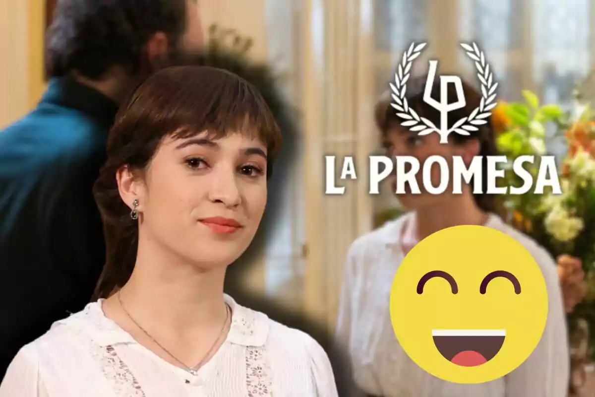 Carmen Asecas con cabello corto y una blusa blanca aparece en primer plano, mientras que en el fondo se observa a otra persona y un ramo de flores, junto al título "La Promesa" y un emoji sonriente.