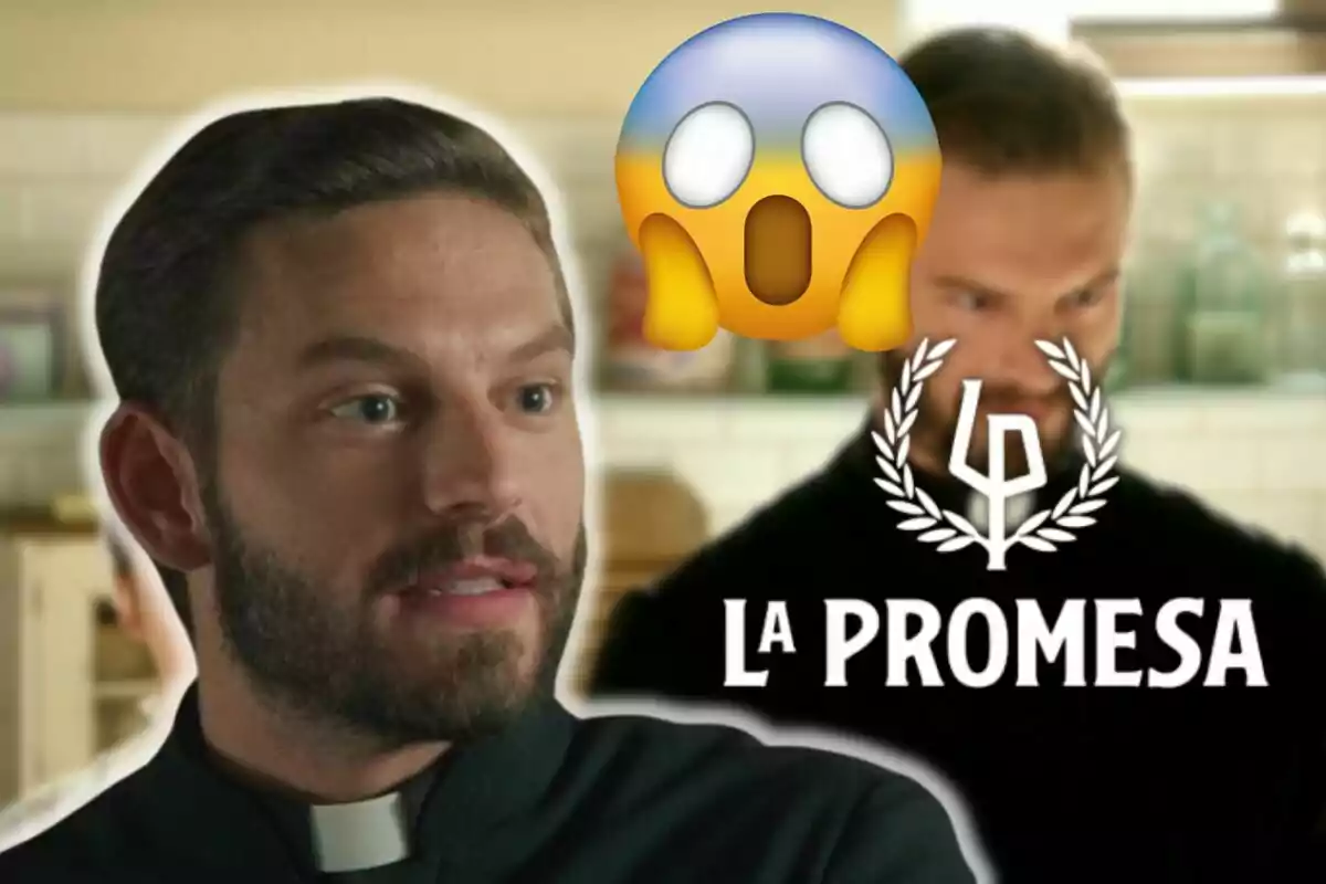 Daniel Schroeder con vestimenta de sacerdote aparece en primer plano con una expresión de sorpresa, acompañado de un emoji de cara asombrada y el texto "La Promesa" en el fondo.