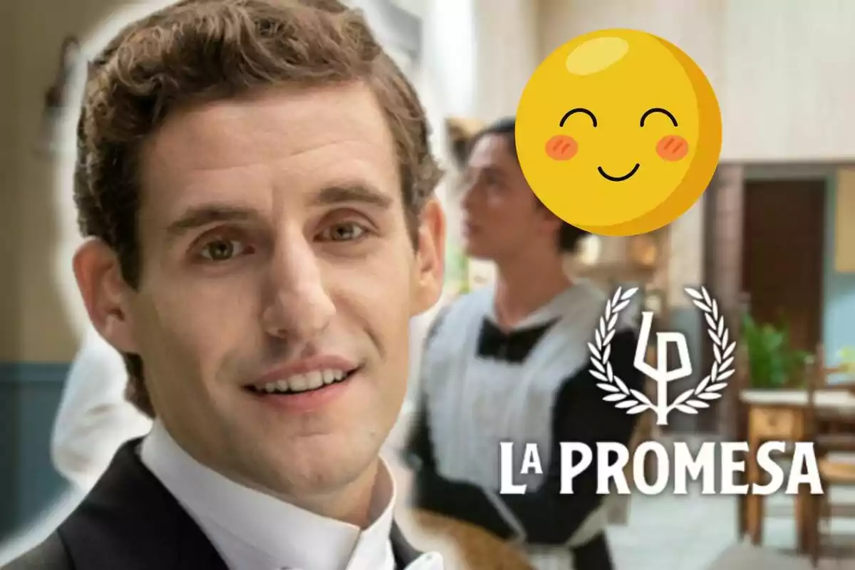 Enrique Fortún sonriente con un emoji de cara feliz y el logo de "La Promesa" en el fondo.