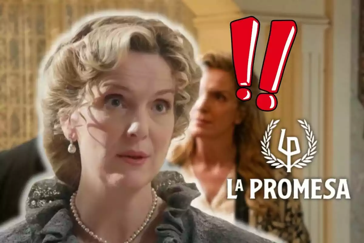 Eva Martín in a scene from the series "La Promesa" with red exclamation marks and the series logo.