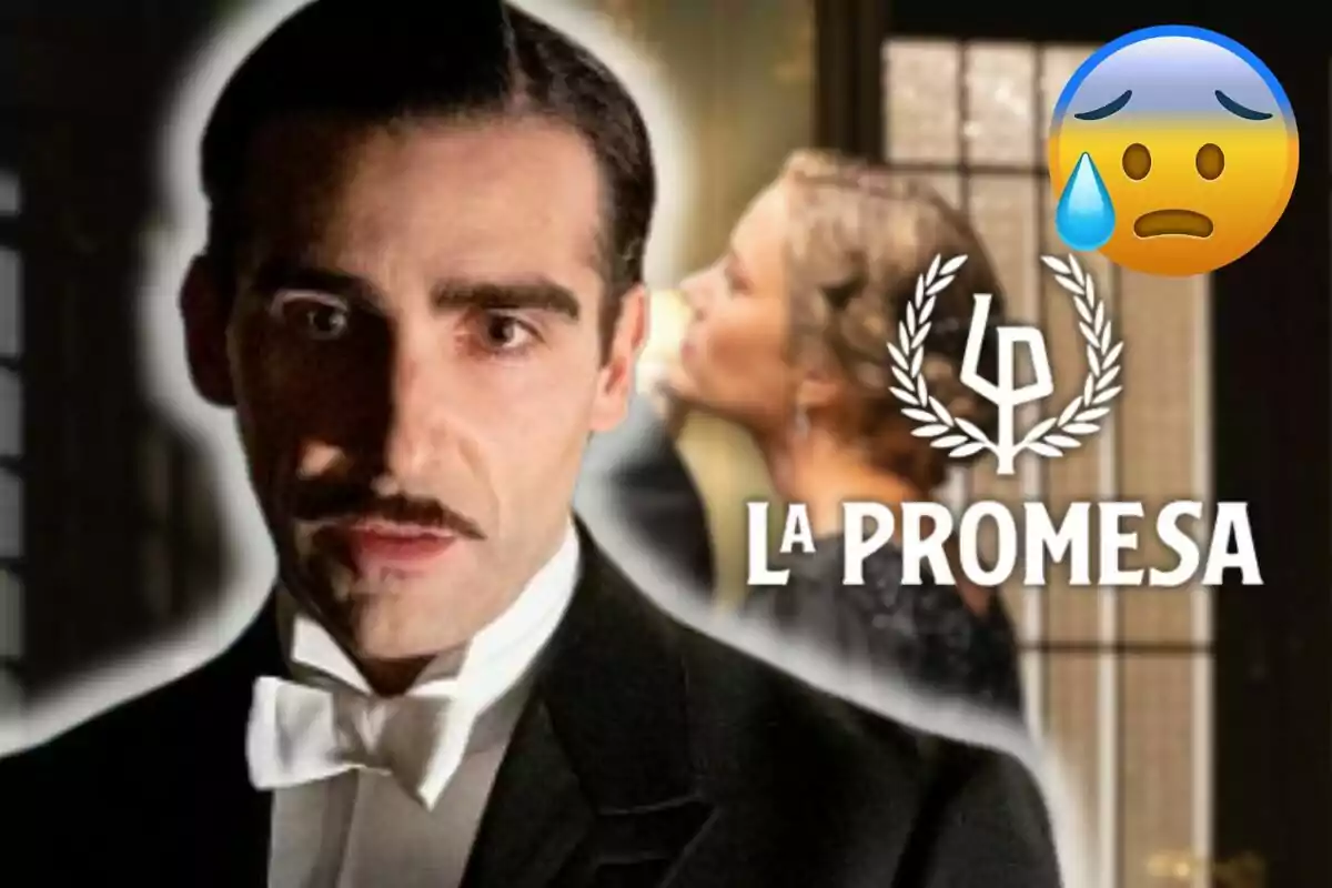 Guillermo Serrano with a mustache and formal suit appears in the foreground while a blonde woman is in the background; the text "The Promise" and a worried face emoji with a sweat drop are superimposed.