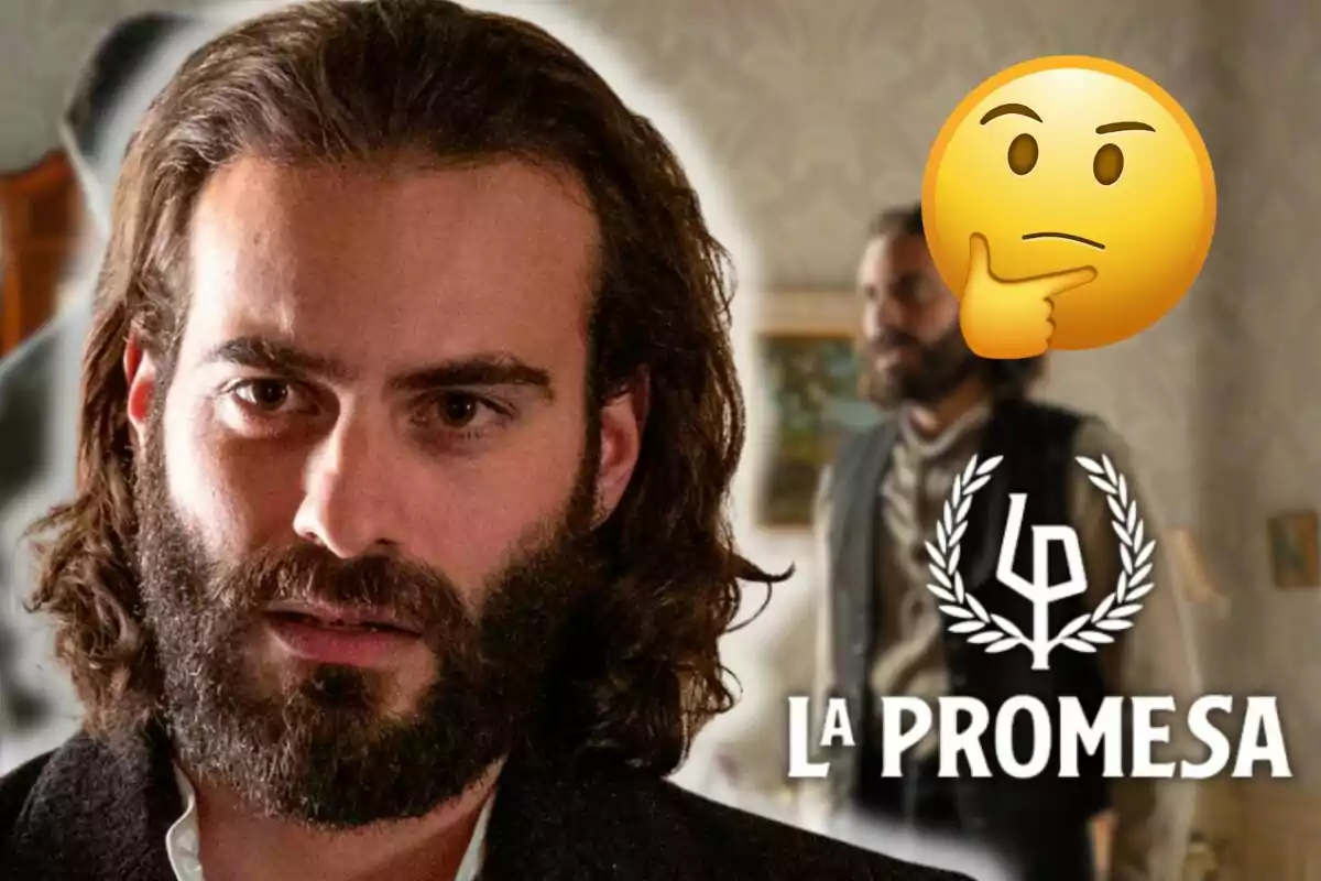Ibrahim Al Shami con barba y cabello largo en primer plano, emoji pensativo y texto "La Promesa" con un logotipo.