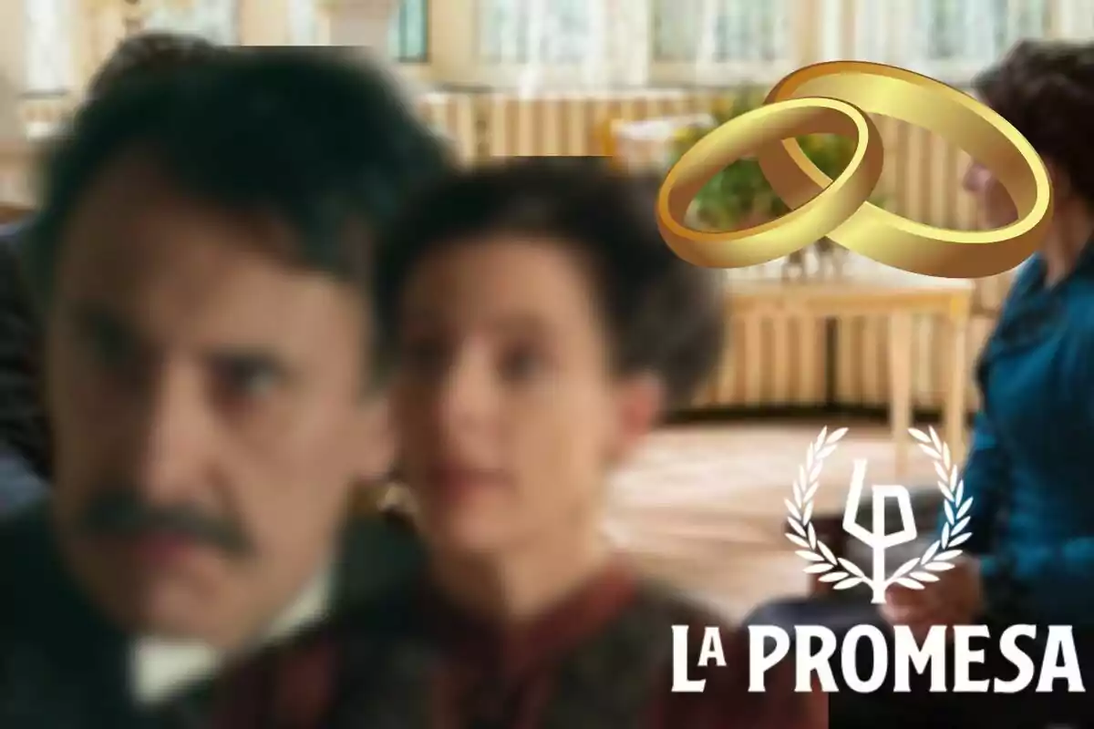 Ignacio y Margarita desenfocados en un fondo interior con dos anillos dorados superpuestos y el texto "La Promesa" en la parte inferior derecha.